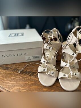 Ivanka Trump Beige Lace-Up Studded High Heel Sandals